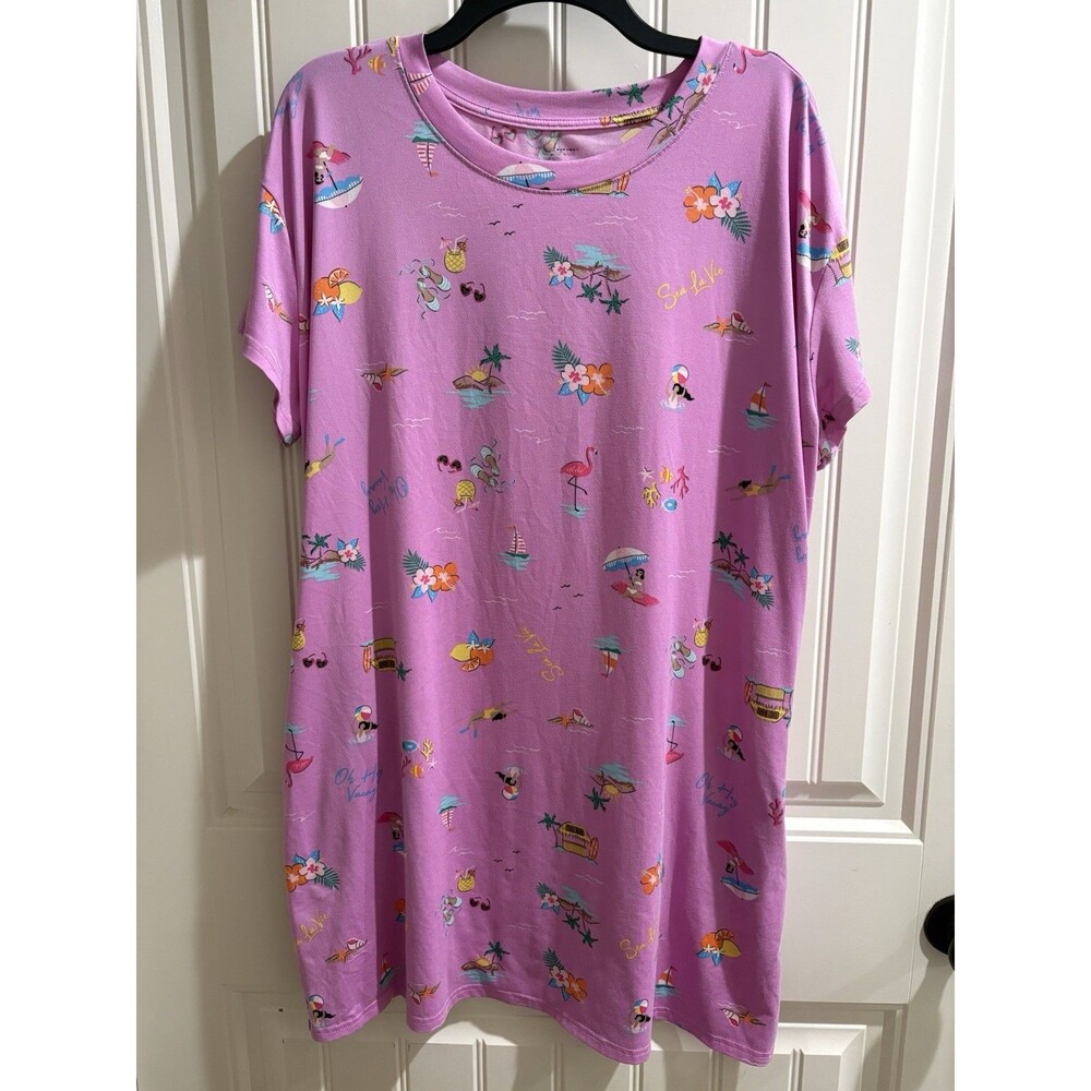 Joyspun Women SZ L/XL Pink Beach Patterned Night Gown Sleep Shirt Pockets